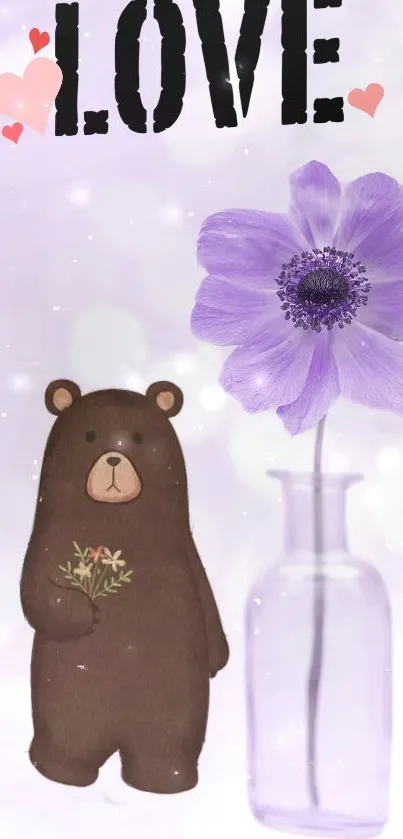 Cute bear with purple flower and love text on wallpaper.