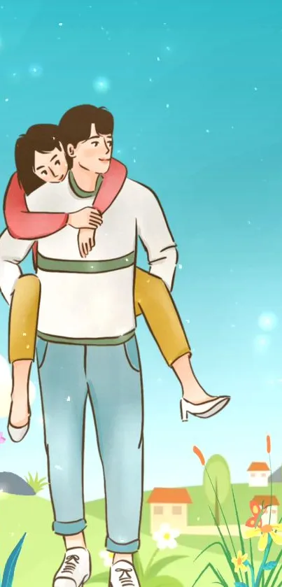 Cartoon couple enjoying a piggyback ride in a scenic, nature-filled landscape.