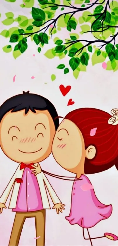 Cute cartoon couple with leafy background