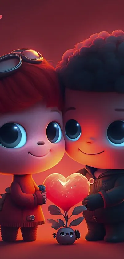 Cute cartoon couple with glowing heart.