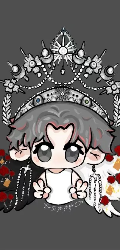 Cute cartoon angel with crown and wings on gray background.