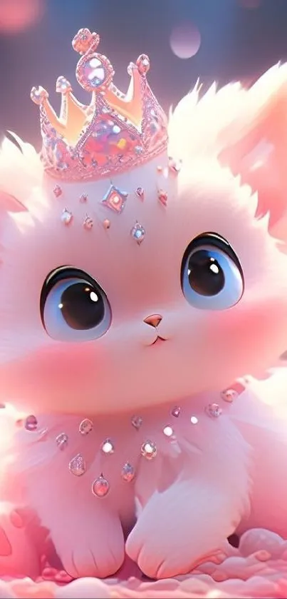 Adorable fluffy cat with crown in soft pink hues.