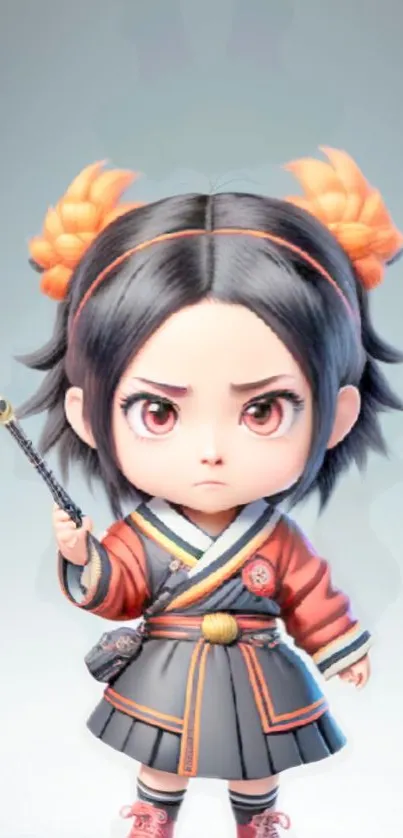 Fierce and cute samurai chibi with orange accents for mobile wallpaper.