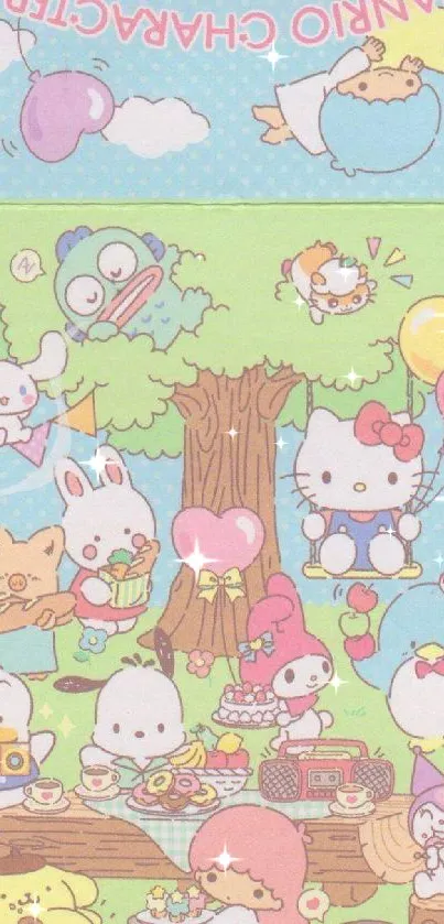 Sanrio characters have a picnic under a tree with balloons.