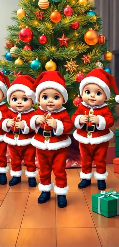 Four babies in Santa costumes near a Christmas tree.