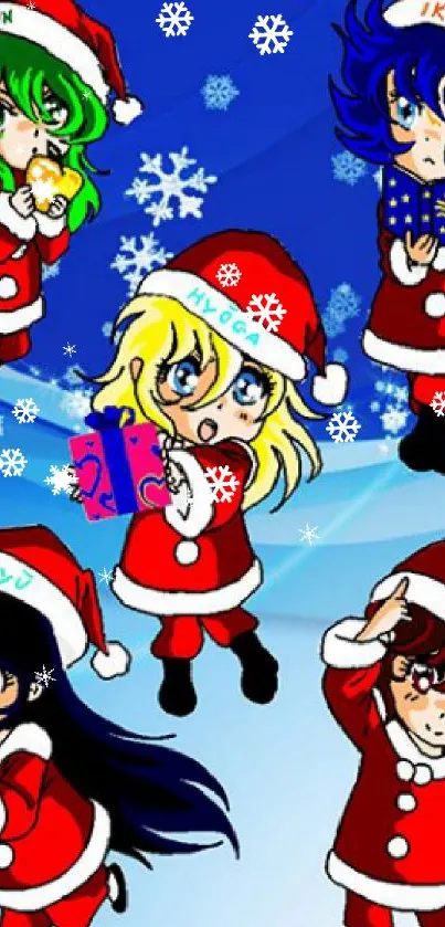 Cute anime characters in Santa outfits with blue festive background.