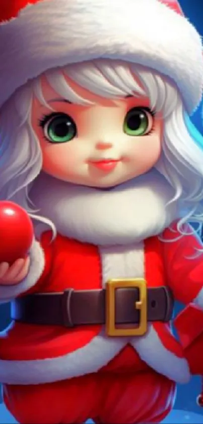 Cute Santa doll in festive outfit holding an ornament.