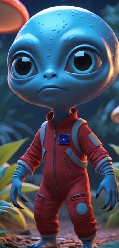 Cute alien in a colorful fantasy setting with mushrooms.
