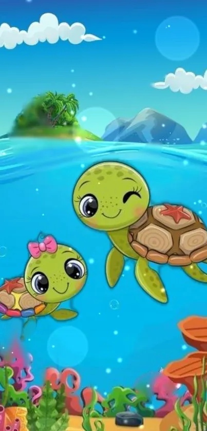 Cute cartoon sea turtles swimming in a colorful underwater scene.