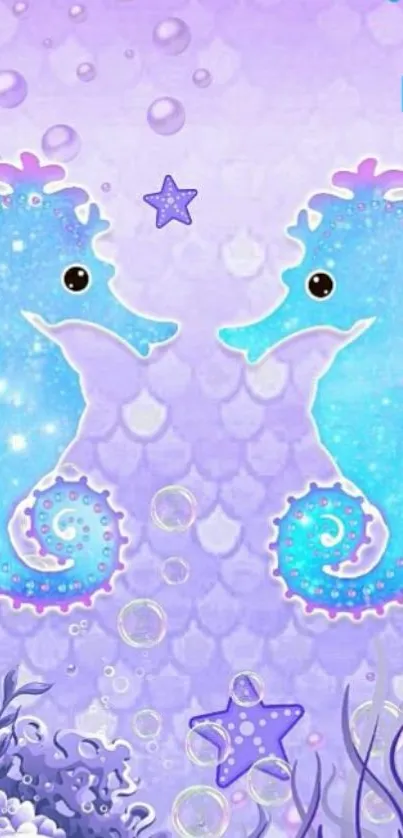 Cute seahorses with starfish in blue hues on mobile wallpaper.