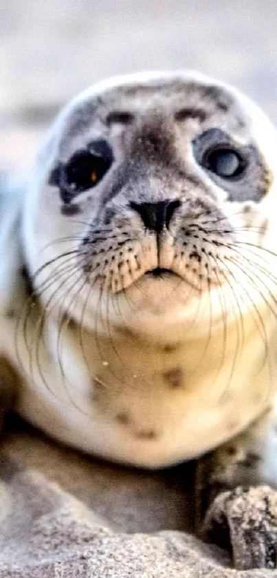 A cute seal resting on sandy beach wallpaper.