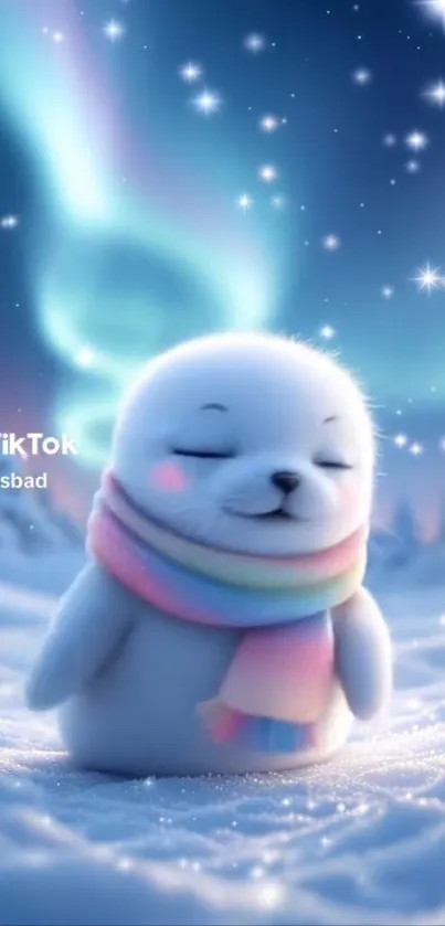 Cute animated seal in a snowy landscape with aurora.