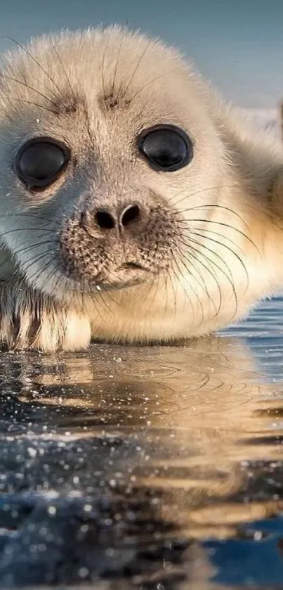 Adorable seal pup on ice with blue sky backdrop.