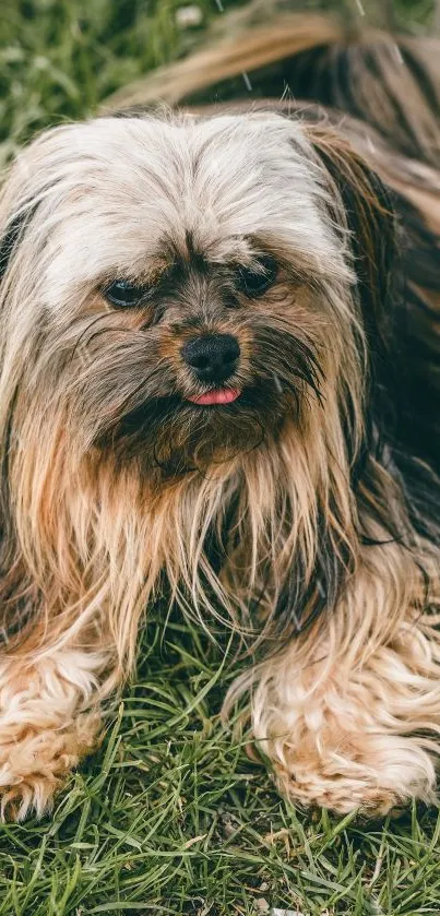 Cute shaggy dog lying on green grassy field, looking content.