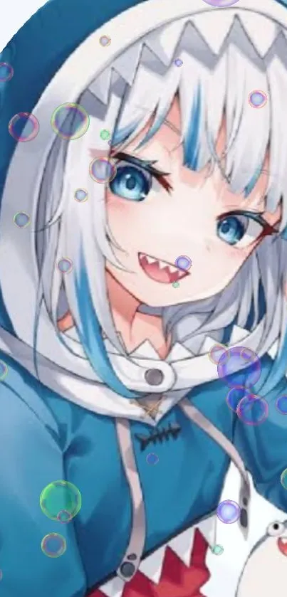 Anime character in shark-themed blue hoodie with bubbles.