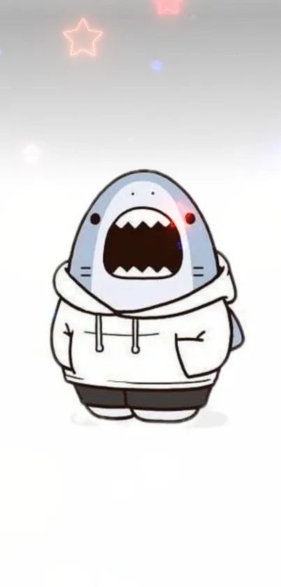 Cartoon shark in a hoodie with colorful star accents.