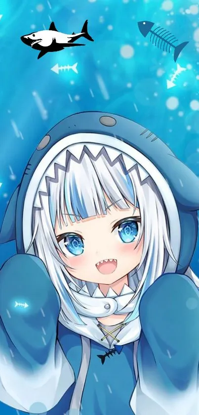 Anime girl wearing a cute shark hoodie with blue ocean backdrop.