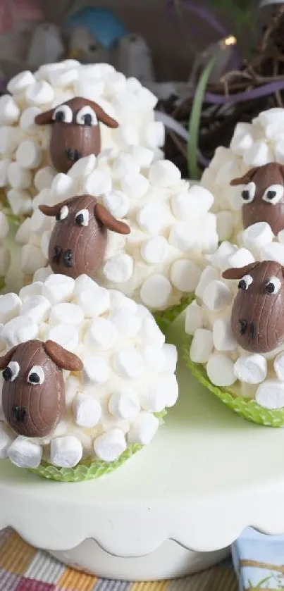 Cute sheep cupcake with marshmallow wool in green wrappers on platter.