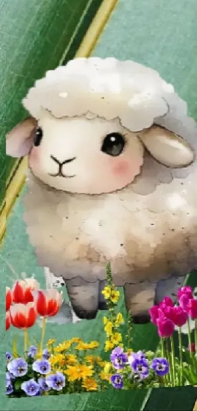 Cute cartoon sheep in a colorful floral meadow.