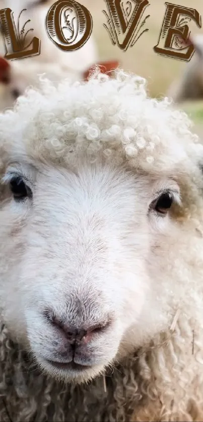 Cute sheep in a field with 'Love' text overhead.