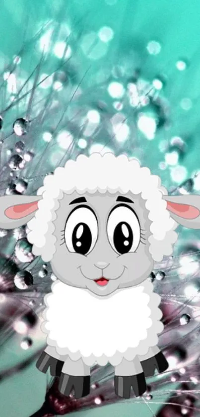 Cute cartoon sheep on turquoise abstract background.