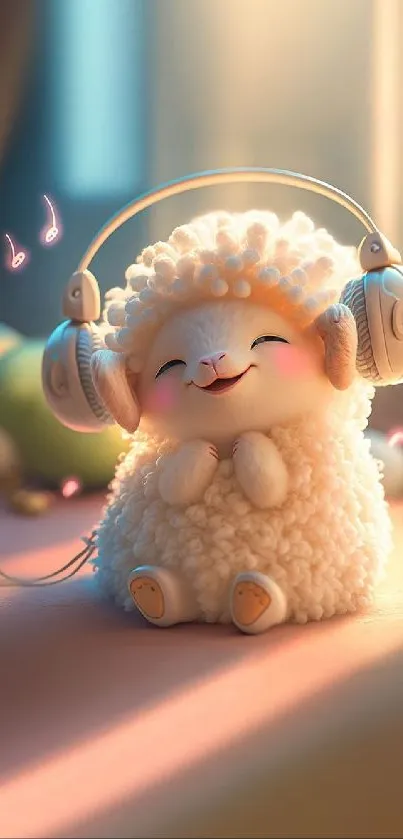 Cute sheep wearing headphones with soft light.