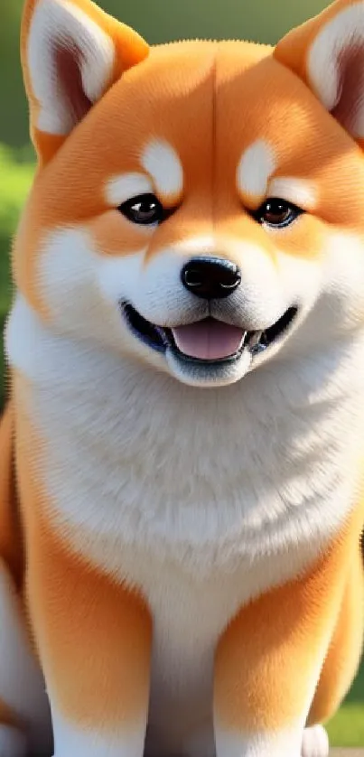 Adorable Shiba Inu sitting on grass with a happy expression.