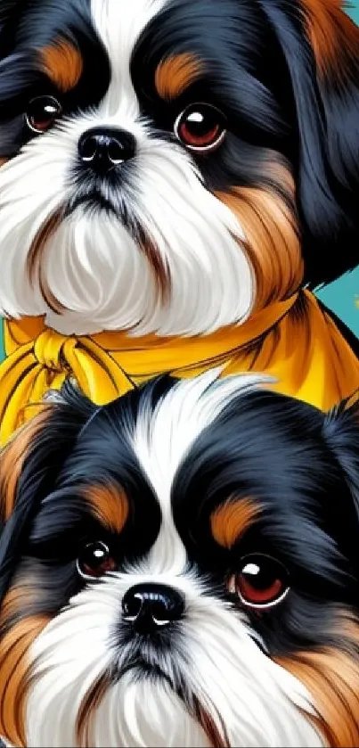 Cute Shih Tzu dogs in vibrant setting.