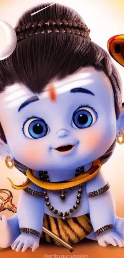 Cute baby Shiva cartoon wallpaper with orange background.