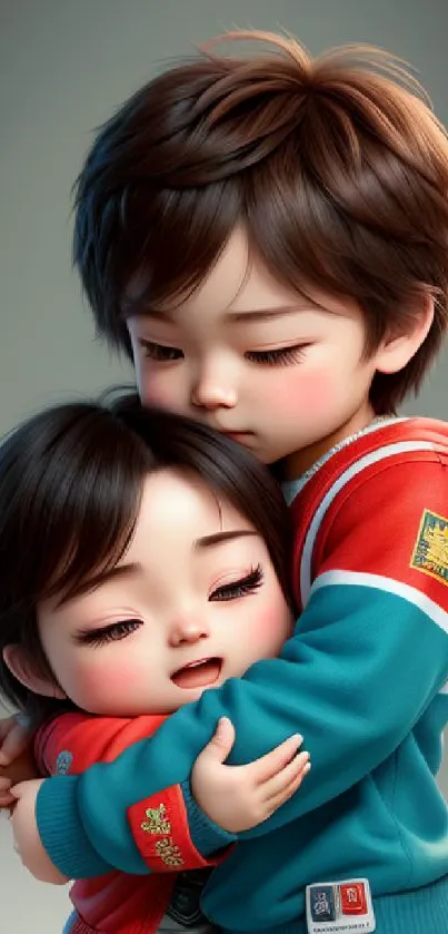 Animated sibling hug with colorful outfits and cute expressions.