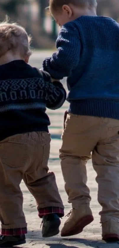 Two young siblings walking together outdoors.