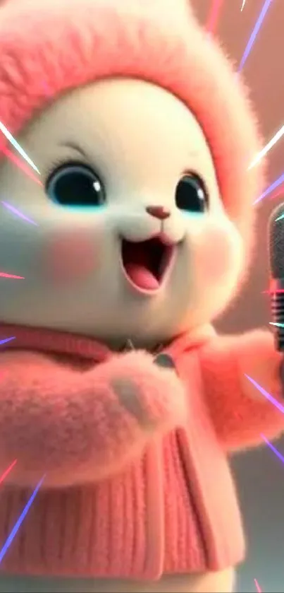 Adorable cartoon animal in pink coat sings with a microphone.