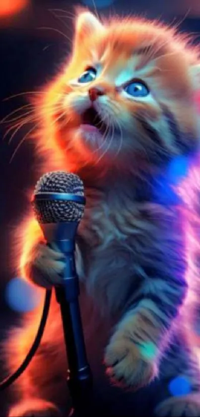 Adorable kitten with microphone on vibrant background.