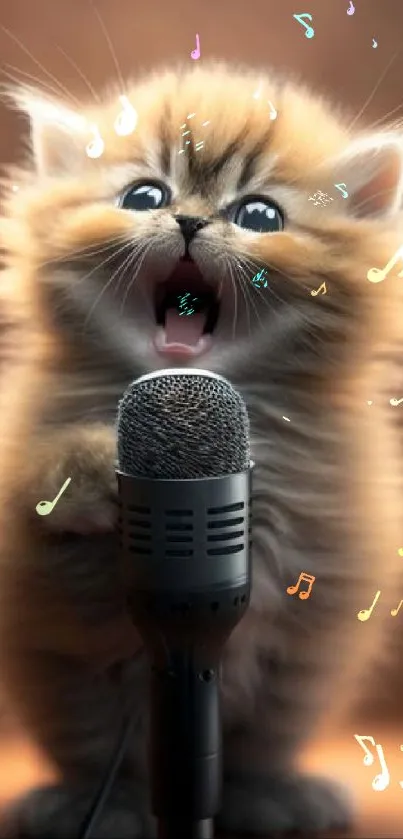 Fluffy kitten singing into a microphone, perfect mobile wallpaper.