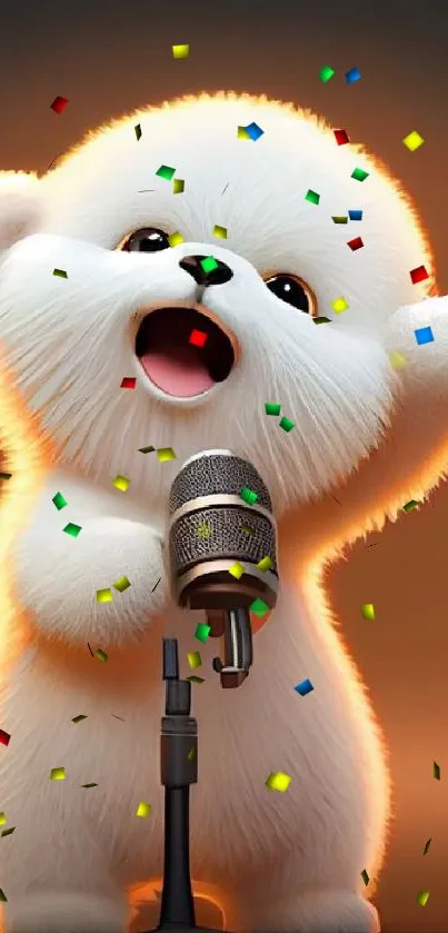 Adorable fluffy puppy singing with a microphone on a mobile wallpaper.