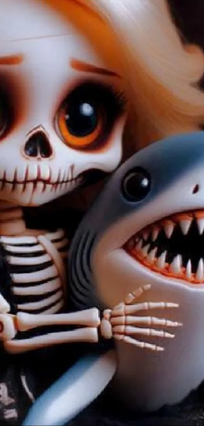 Cute skeleton hugging a shark toy, whimsical art style.