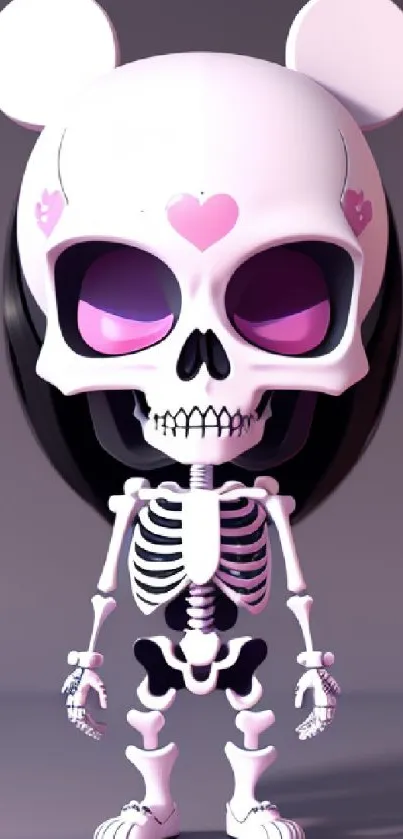 Whimsical skeleton cartoon with hearts and pink hues, perfect for mobile wallpaper.