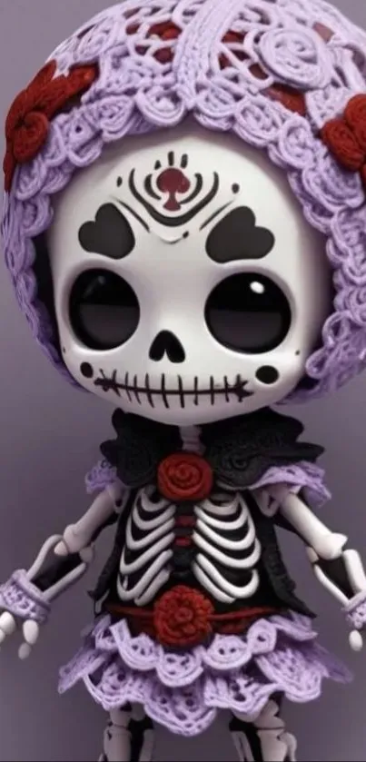 Skeleton doll with lavender crochet costume on purple background.