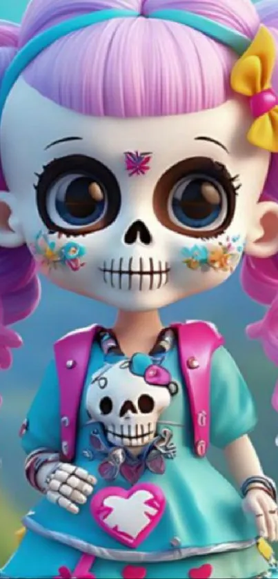 Cute skeleton doll with pink hair and colorful dress.