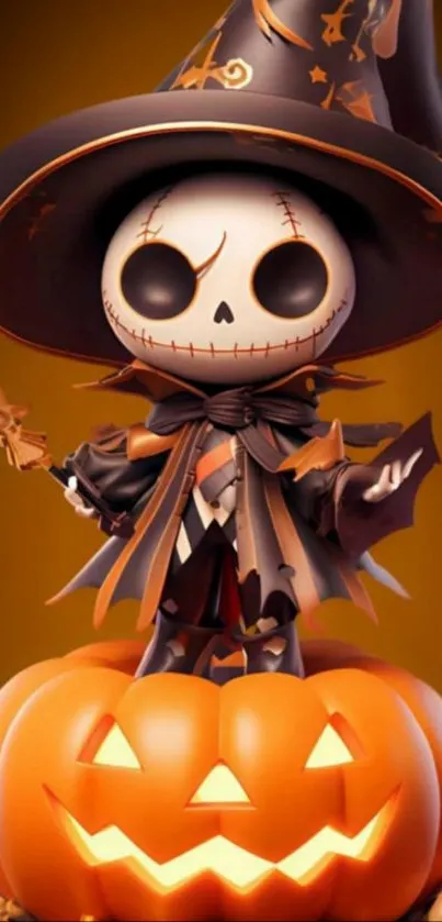 Cute skeleton in witch hat on pumpkin, Halloween theme.