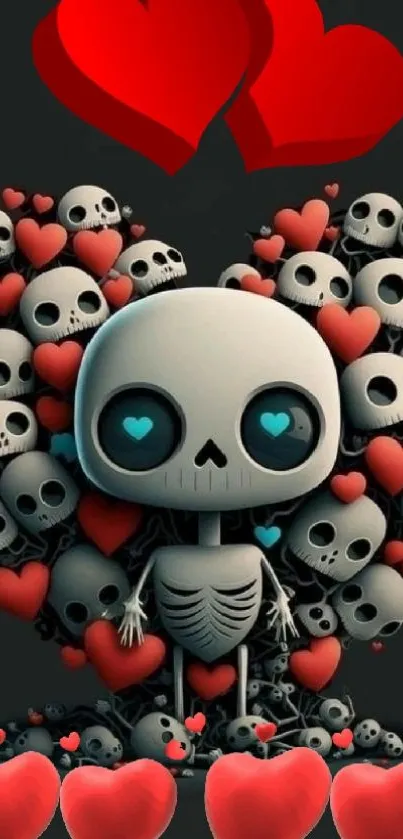 Cute skeleton with hearts mobile wallpaper on dark background.