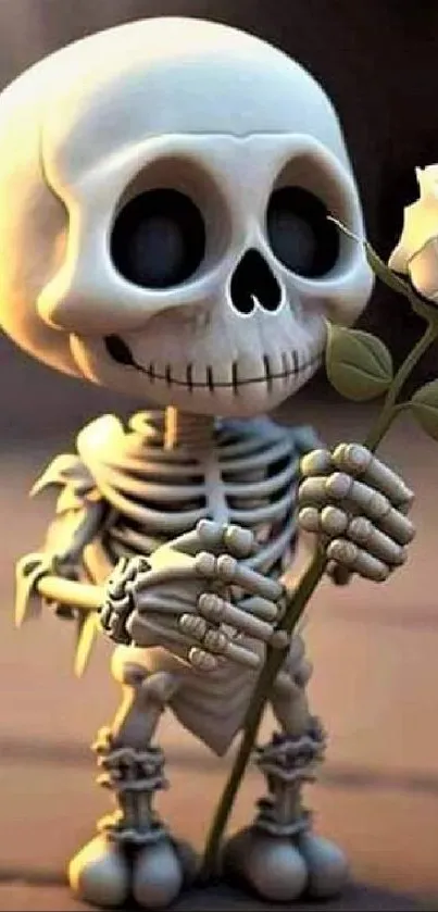 Cute skeleton holding a white rose, cartoon style.