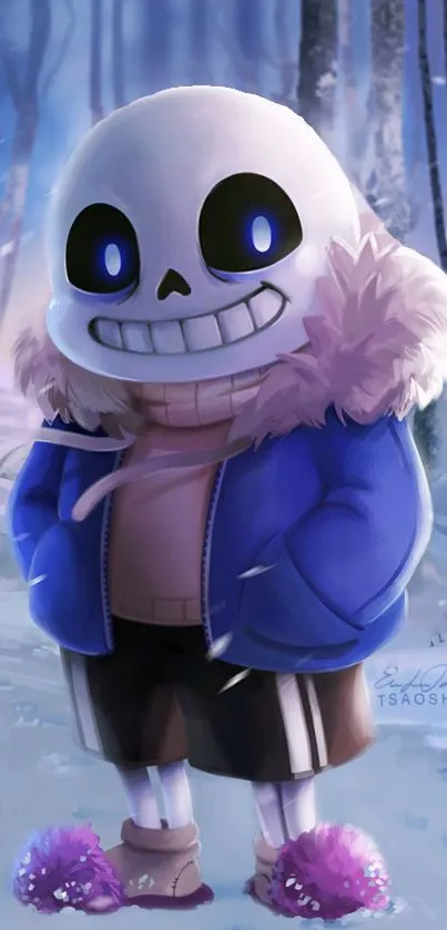 Cute skeleton in a blue jacket with fuzzy slippers in a snowy forest.