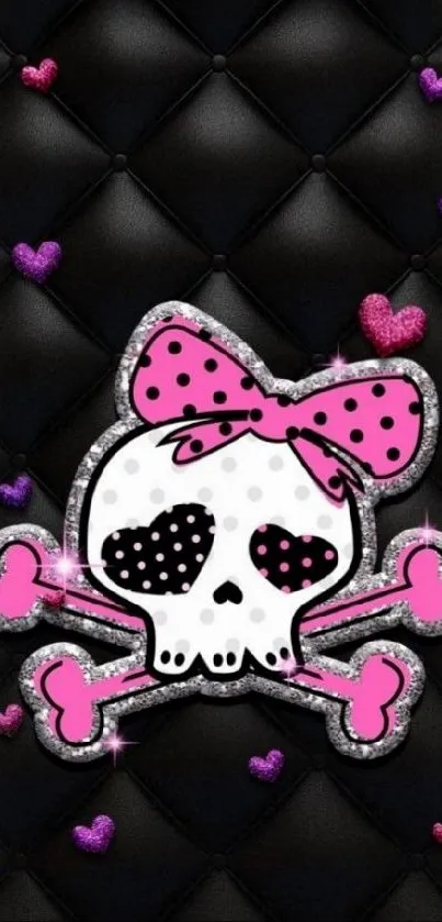 Cute skull and hearts wallpaper with pink and black design.