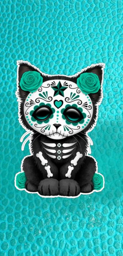 Cute skull cat with turquoise background mobile wallpaper.