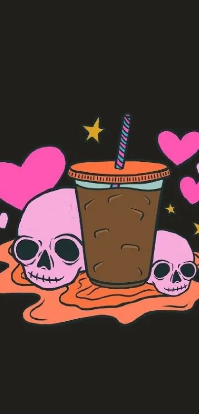 Cute mobile wallpaper with coffee cup, pink skulls and hearts on a dark background.