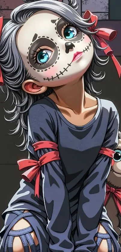 Anime character with cute skull face and colorful ribbons.