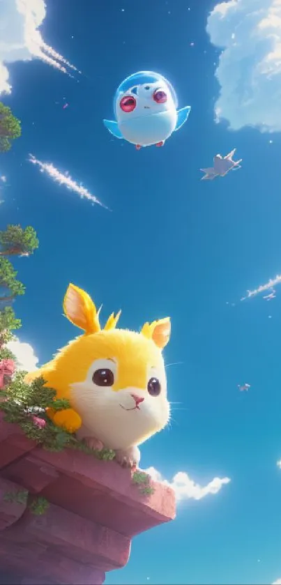 Cute animal characters on a sky adventure in a colorful animated setting.