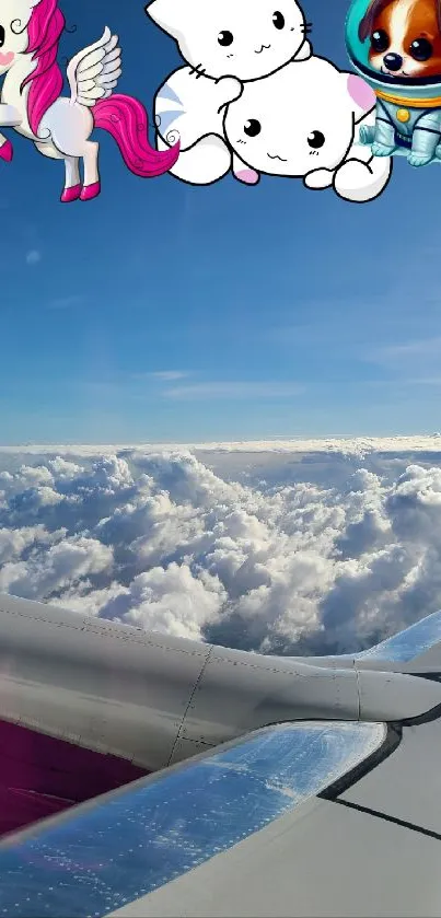 Cute animals in space over airplane wings with clouds.