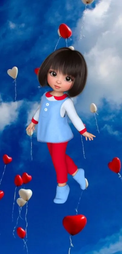 Animated child with balloons in the sky.